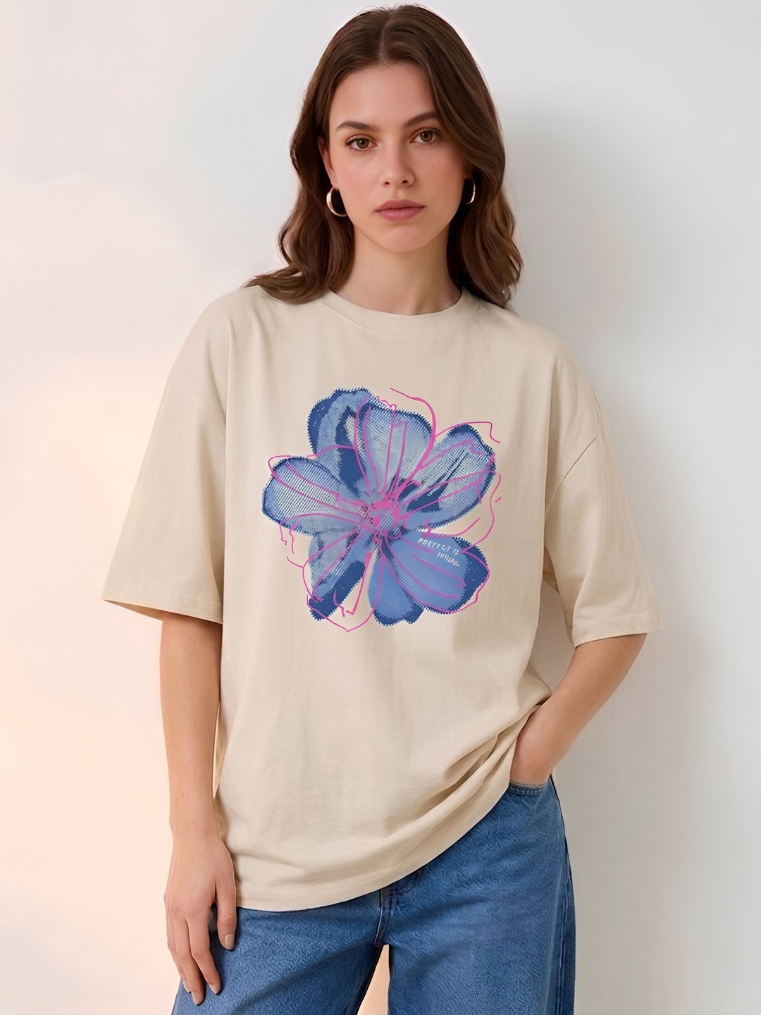 SMARTEES Women Floral Printed Drop-Shoulder Sleeves T-shirt