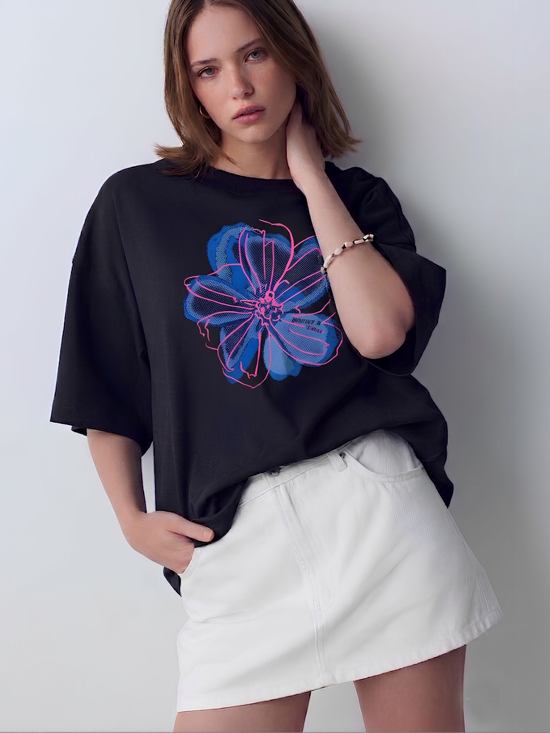 SMARTEES Women Floral Printed Drop-Shoulder Sleeves T-shirt