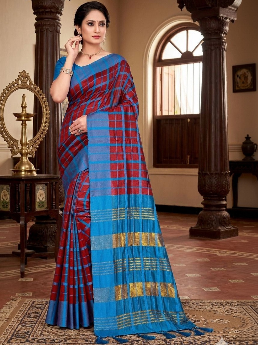 SHAIBO SAREE Checked Silk Cotton Handloom Uppada Saree