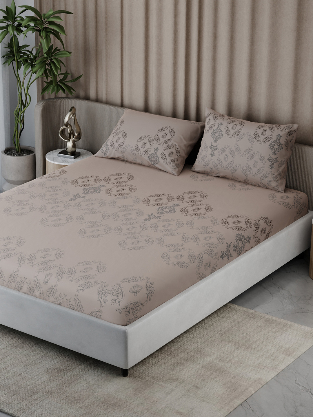 BLISSHOME Peach-Coloured Ethnic Motifs 150 TC King Bedsheet with 2 Pillow Covers