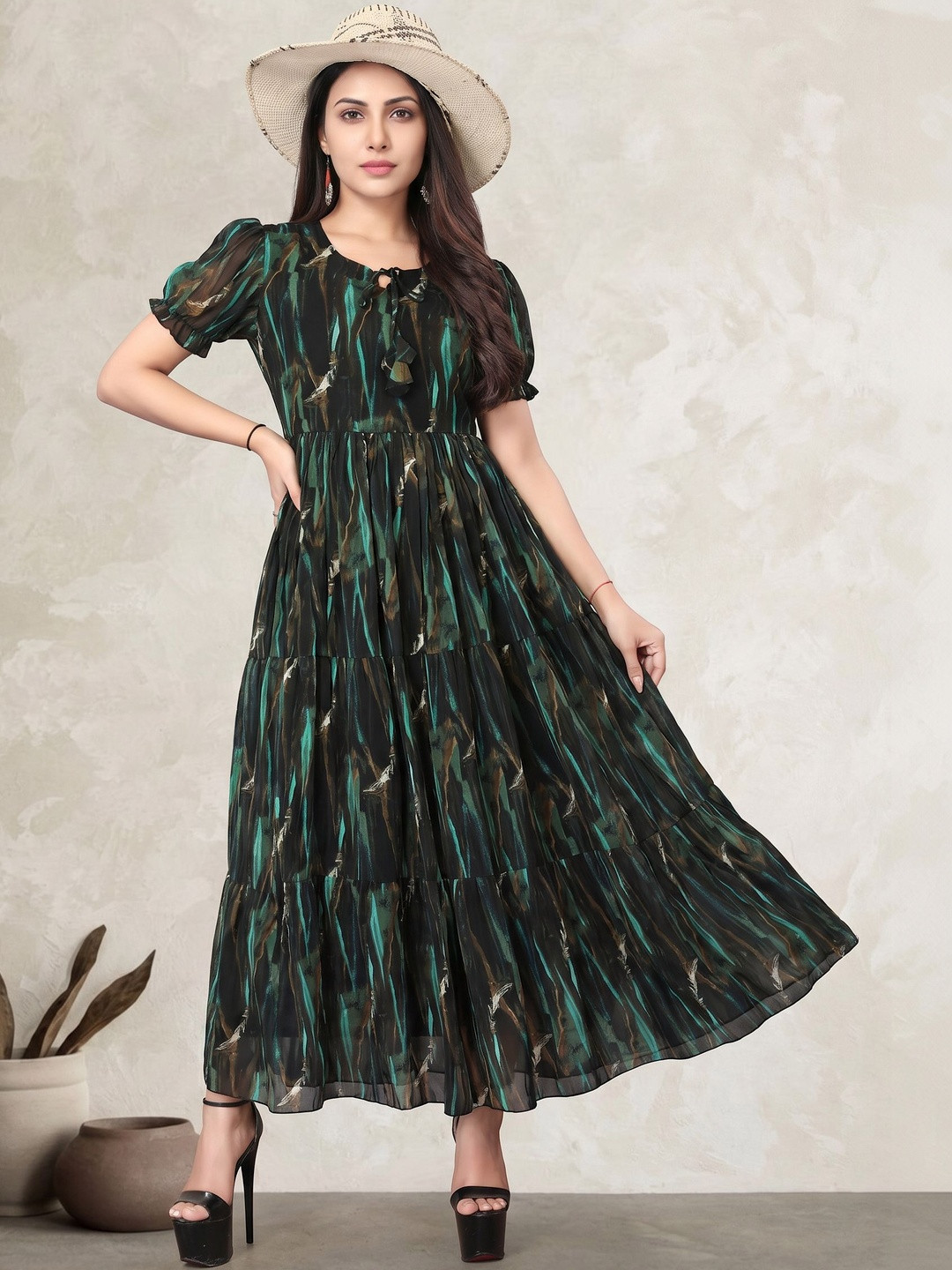 Eyanza couture Print Puff Sleeve Georgette A-Line Midi Dress