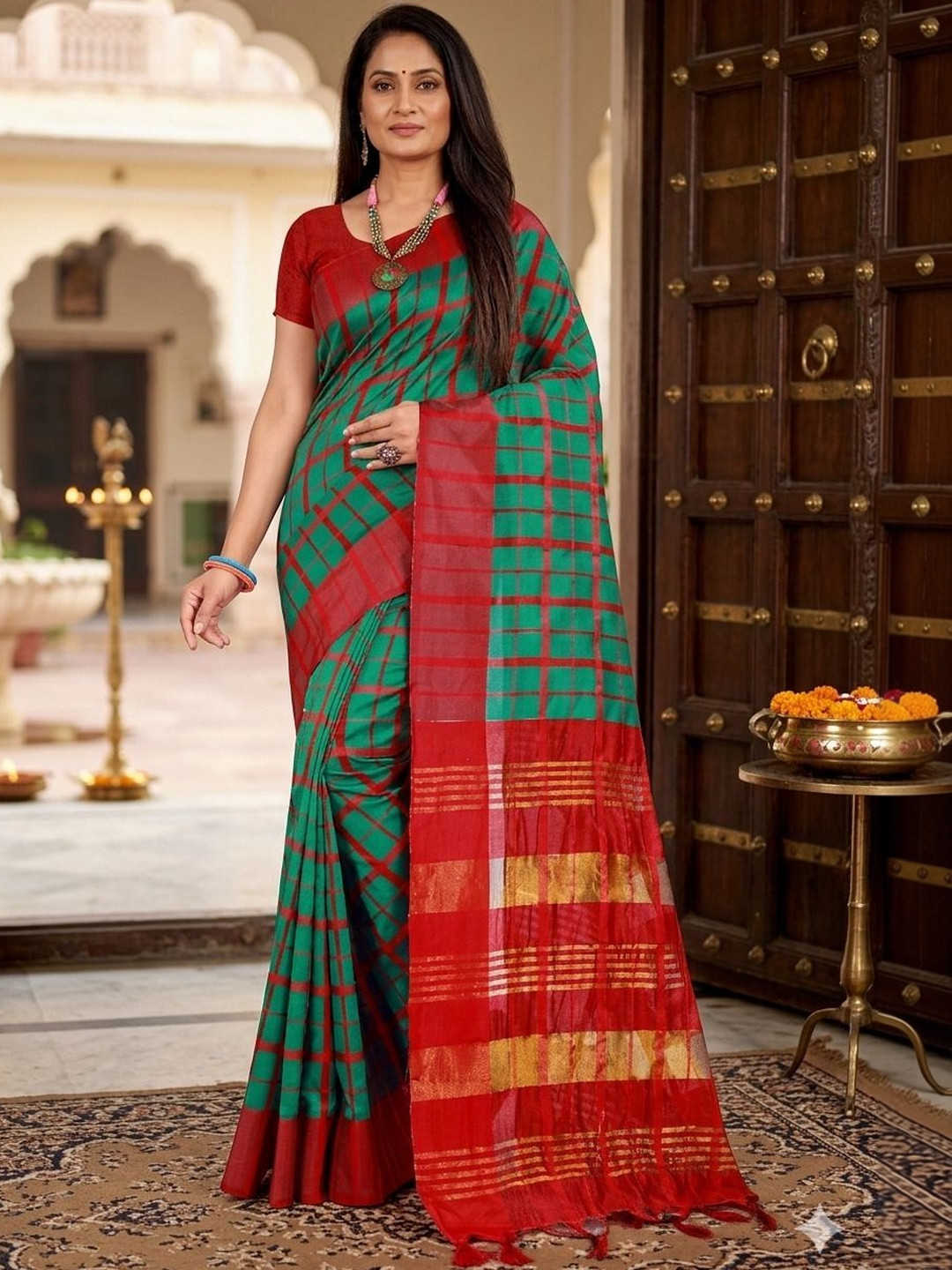 SHAIBO SAREE Checked Silk Cotton Uppada Saree