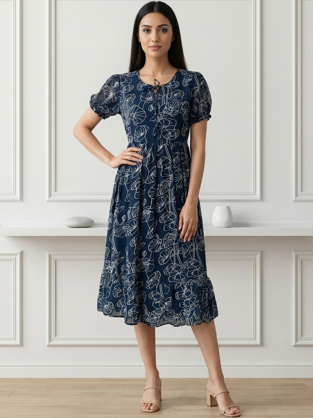 Eyanza couture Floral Print Puff Sleeve Georgette A-Line Midi Dress