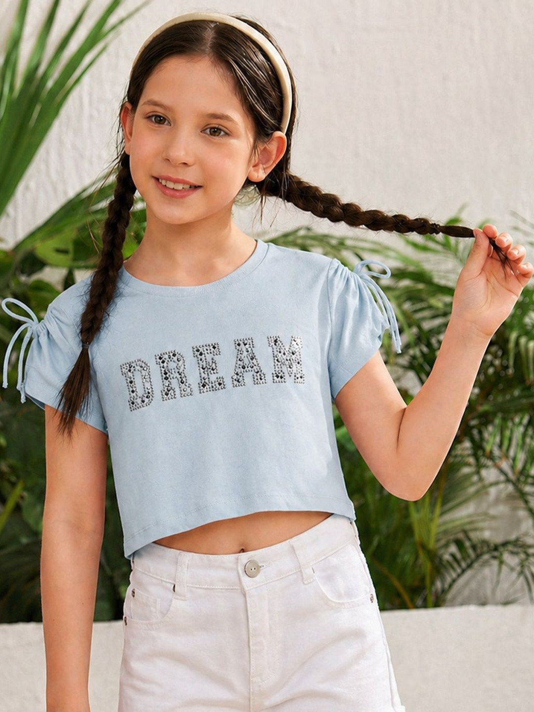 Purple United Kids Girls Light Blue Tie Sleeves Cotton Tshirt