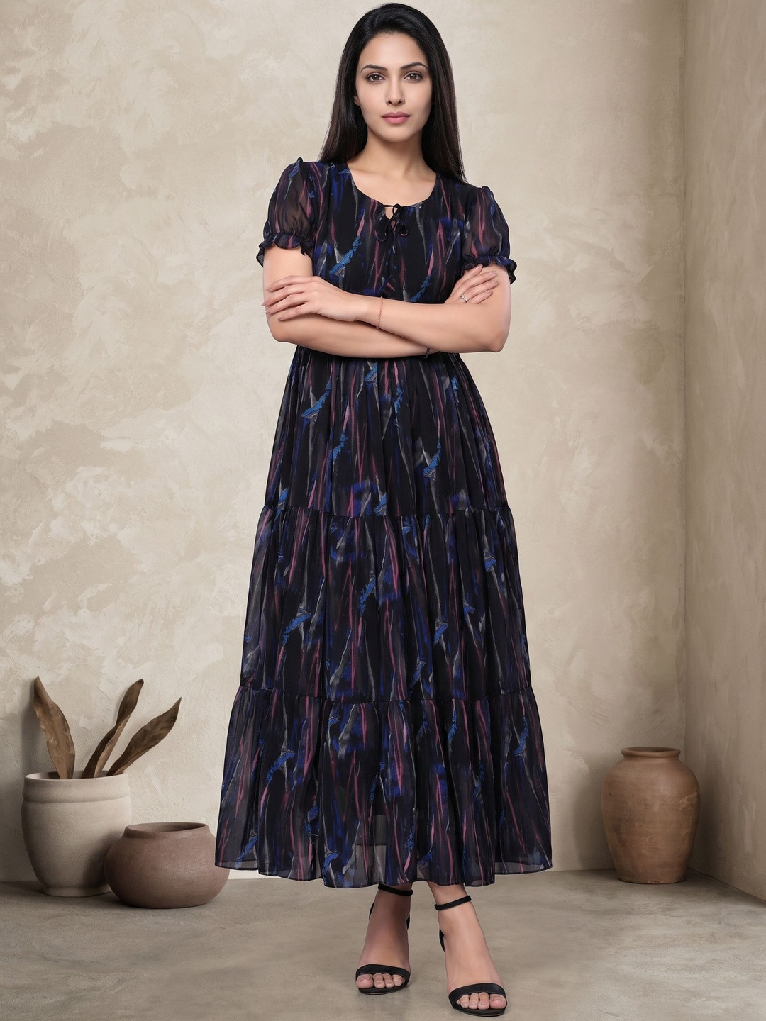 Eyanza couture Print Puff Sleeve Georgette Maxi Dress