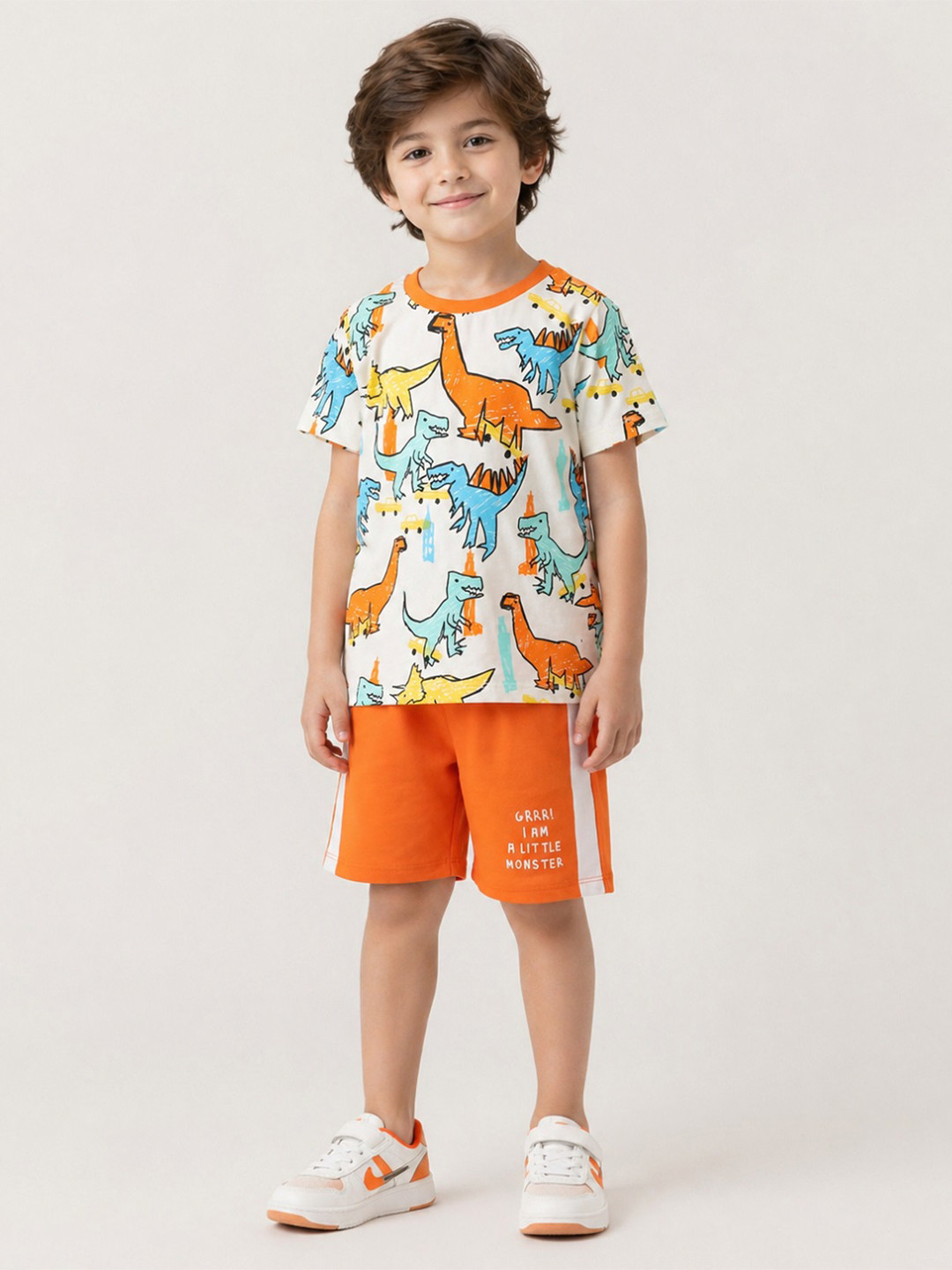 Lazy Shark Boys White & Orange Printed T-shirt with Shorts
