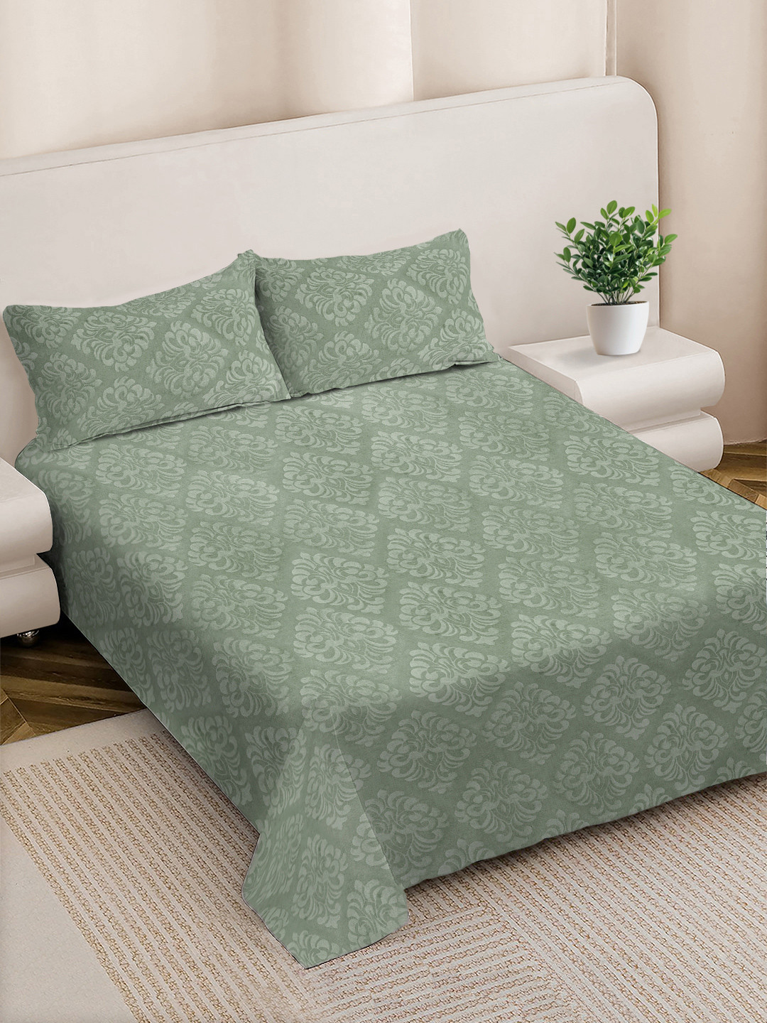 Myntra Elegant Homes Olive Ethnic 300 TC King Size Embossed Bedsheet with 2 Pillow Covers