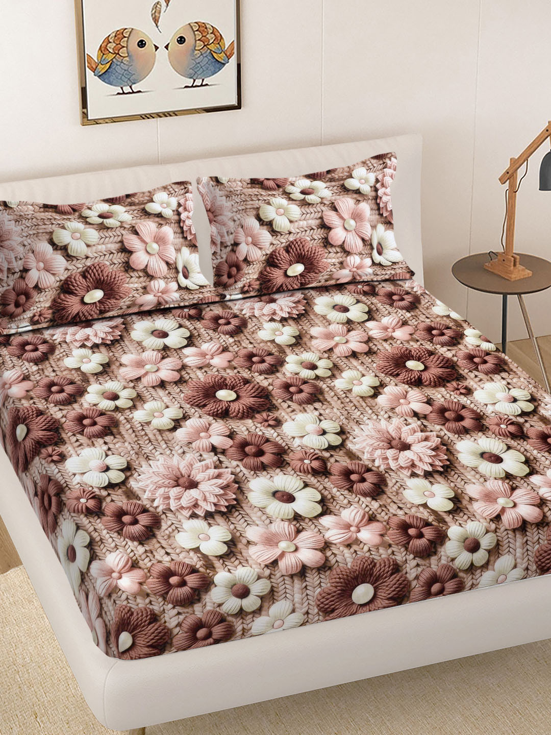 Myntra Elegant Homes Brown Floral 300 TC King Size 7D Bedsheet & 2 Pillow Covers