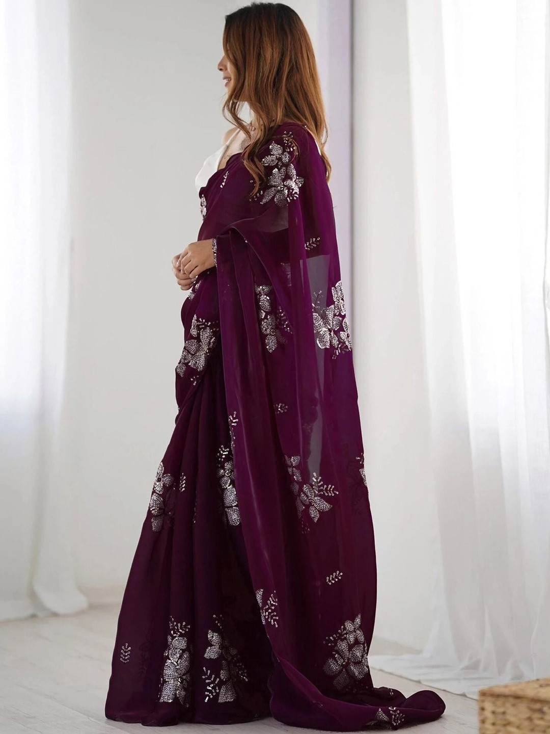 Bootique Floral Sequinned Silk Blend Heavy Work Saree