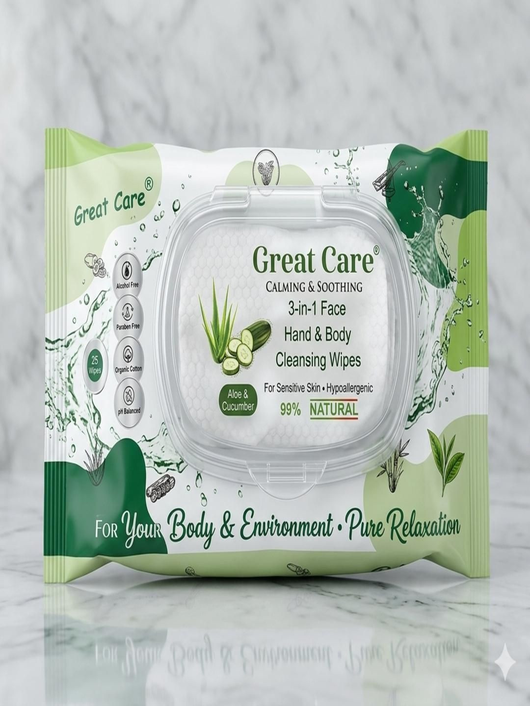 GREAT CARE 3-in-1 Face, Hand & Body Cleansing Wipes - 25Pcs