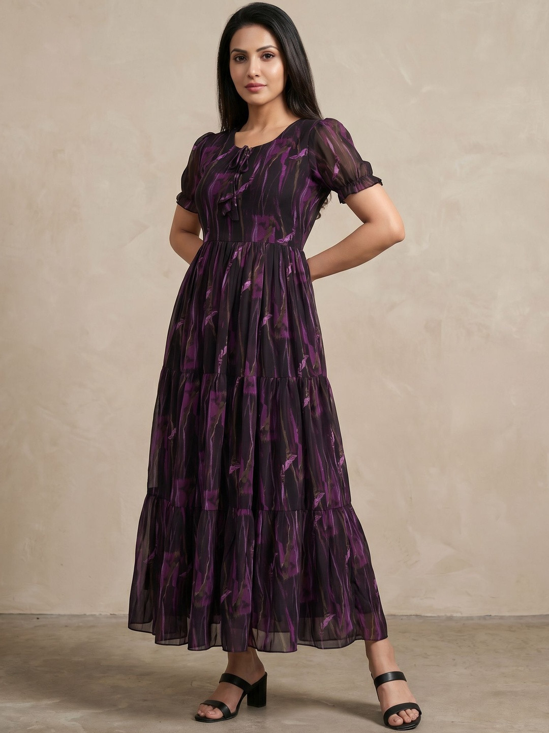 Eyanza couture Print Puff Sleeve Georgette A-Line Maxi Dress