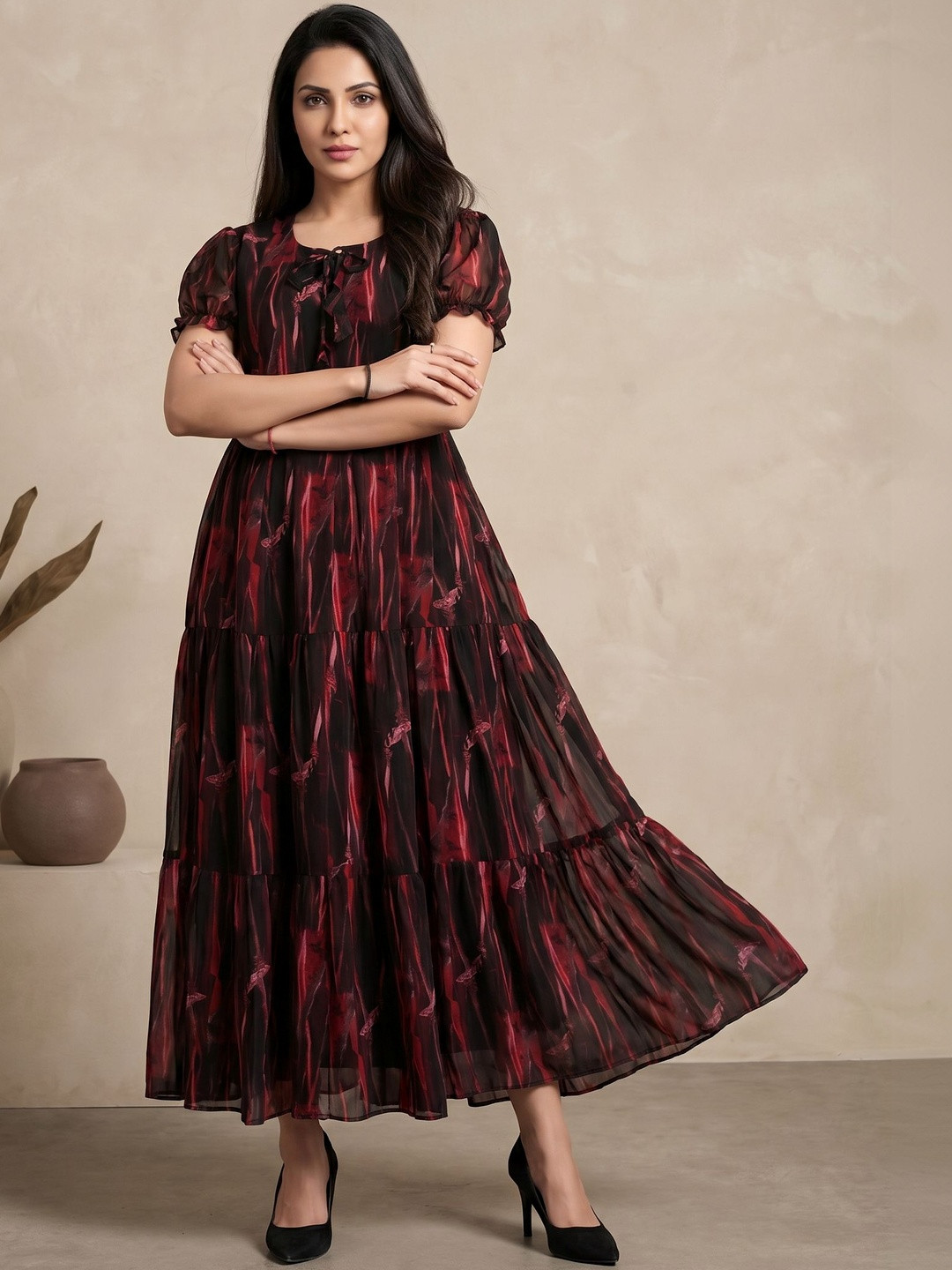 Eyanza couture Print Puff Sleeve Georgette Fit & Flare Maxi Dress