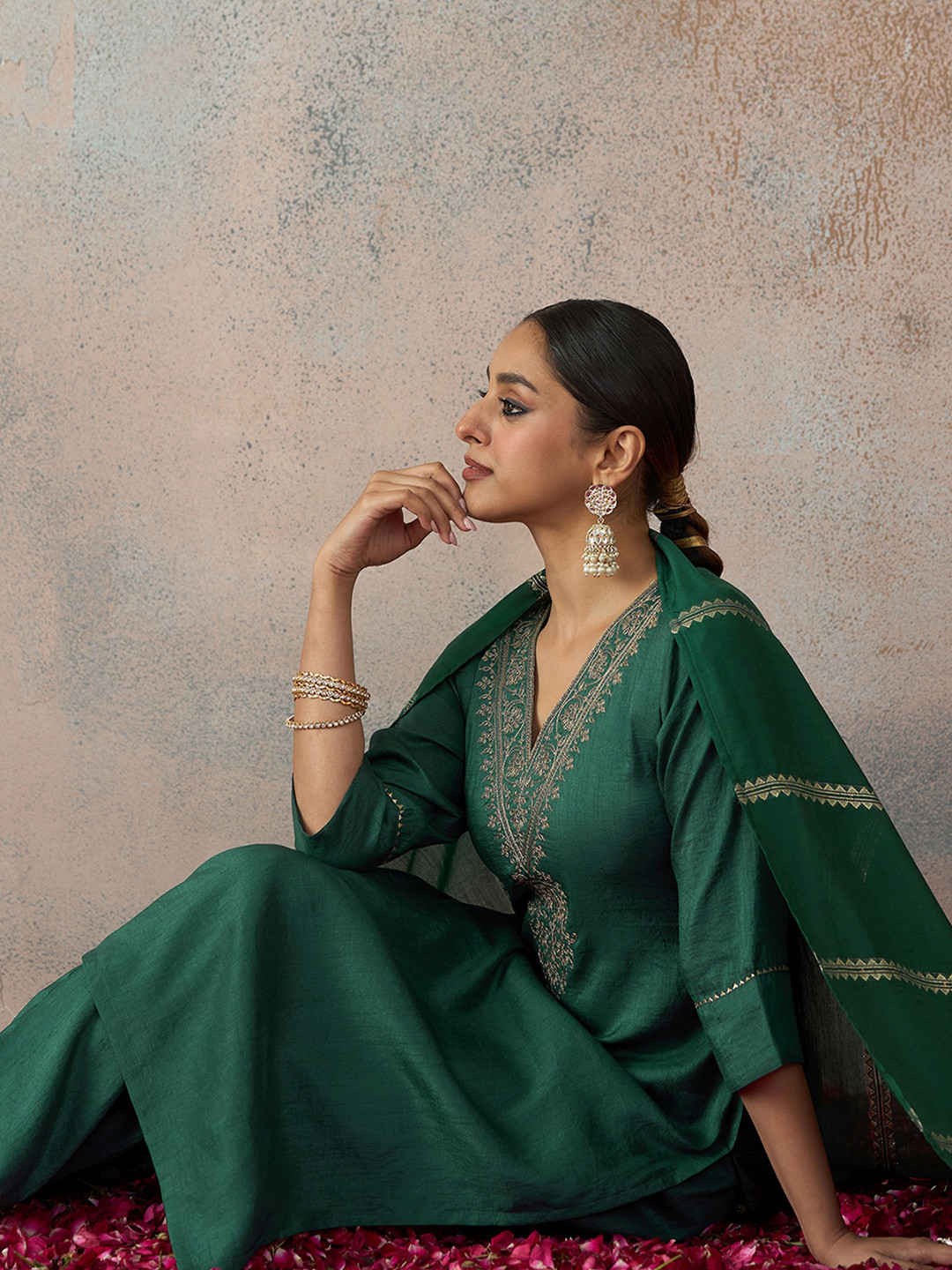 KALINI Rama Green Zari Embroidered Kurta With Trouser & Dupatta Set