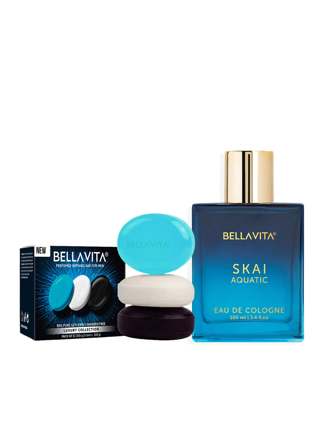 Bella Vita Organic Set of 3 Perfumed Bathing Soaps 300g & 1 Eau De Cologne 100ml