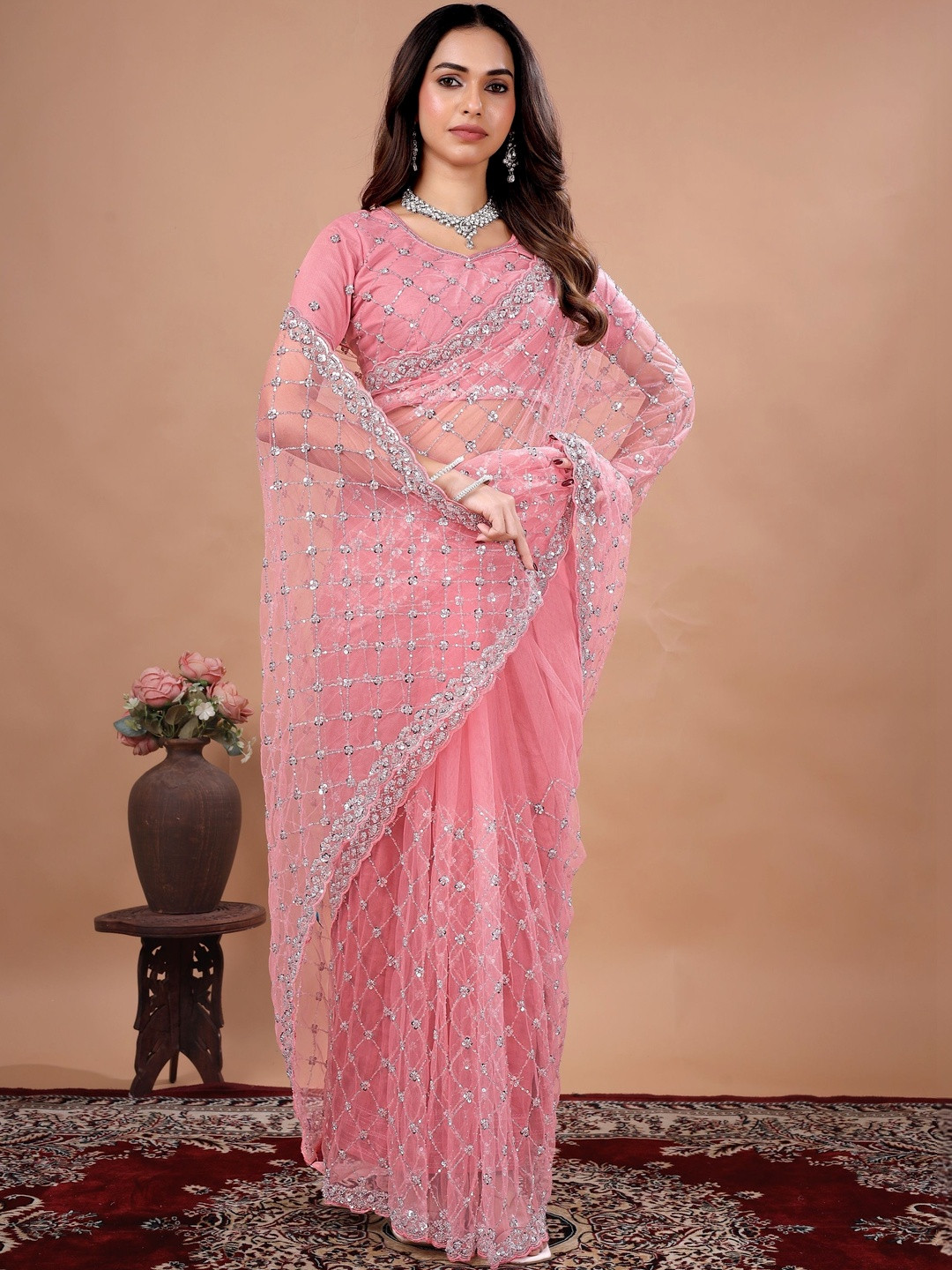 KANYAARI Embellished Sequinned Net Heavy Work Saree