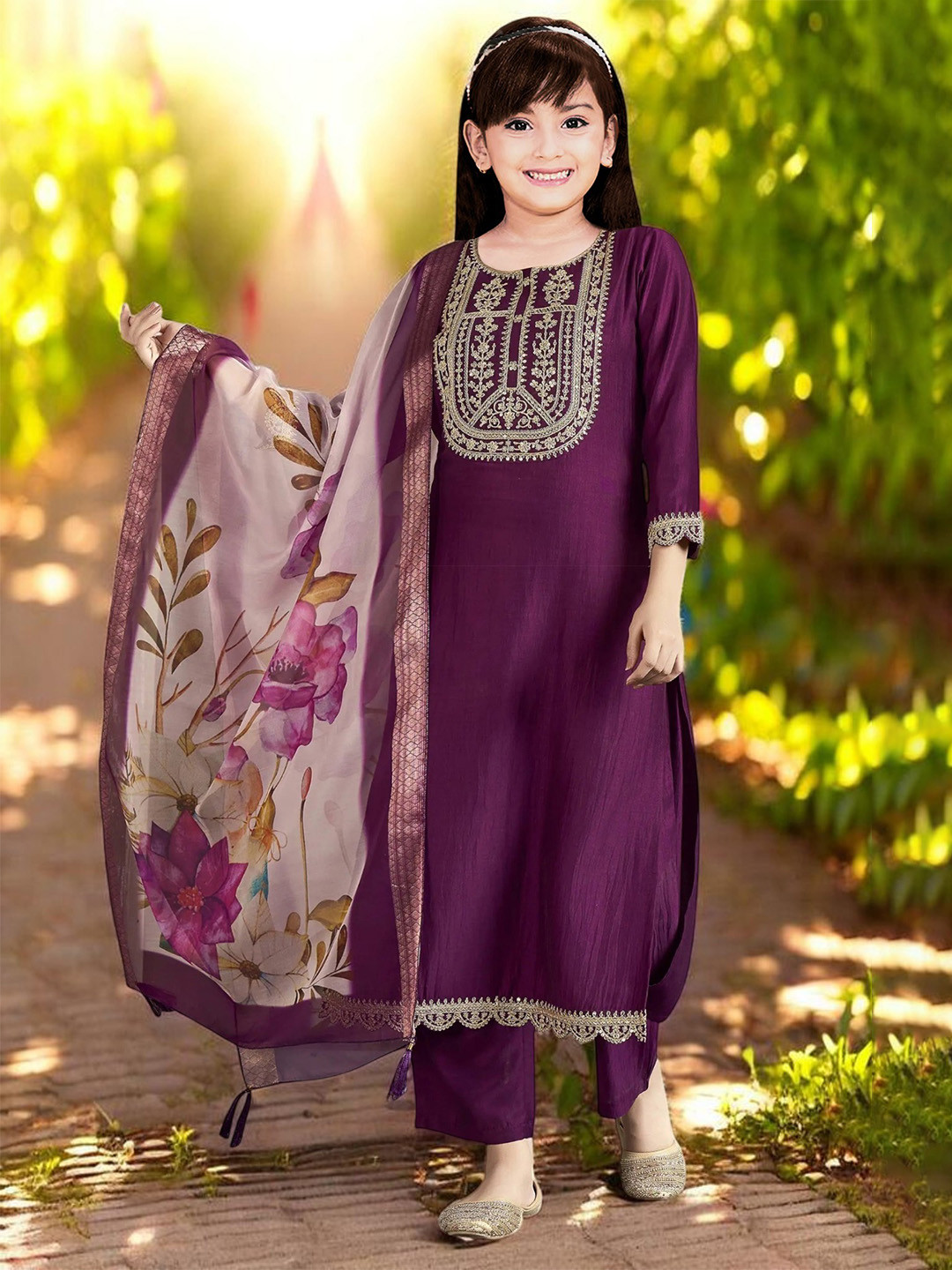 SPANGEL FASHION Girls Floral Embroidered Regular Thread Work Kurta with Trousers & With Dupatta