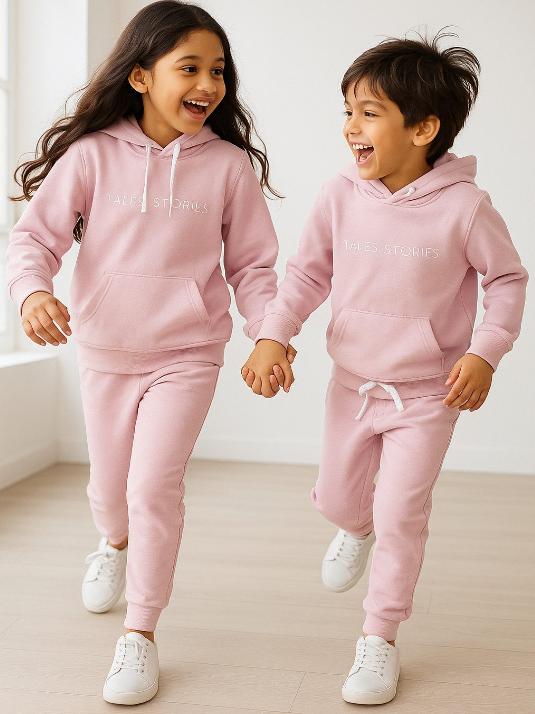 TALES & STORIES Kids Solid Pink Hooded Neck Cotton Night Suit