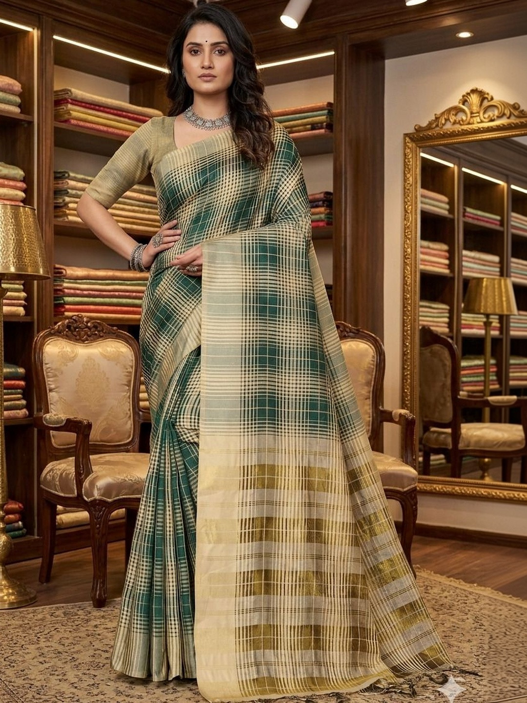 MENFLUENT Checked Silk Cotton Handloom Uppada Saree