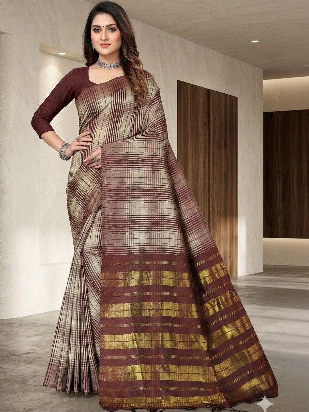 MENFLUENT Checked Silk Cotton Handloom Uppada Saree