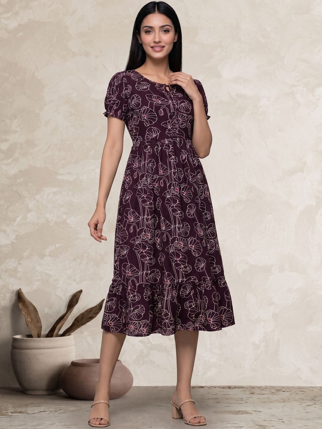 Eyanza couture Floral Print Tie-Up Neck Puff Sleeve Georgette Fit & Flare Midi Dress