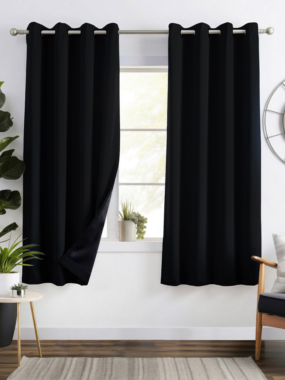 Story@home Faux Silk Solid Black Room Darkening Blackout 300 GSM Window Curtain - Set of 2