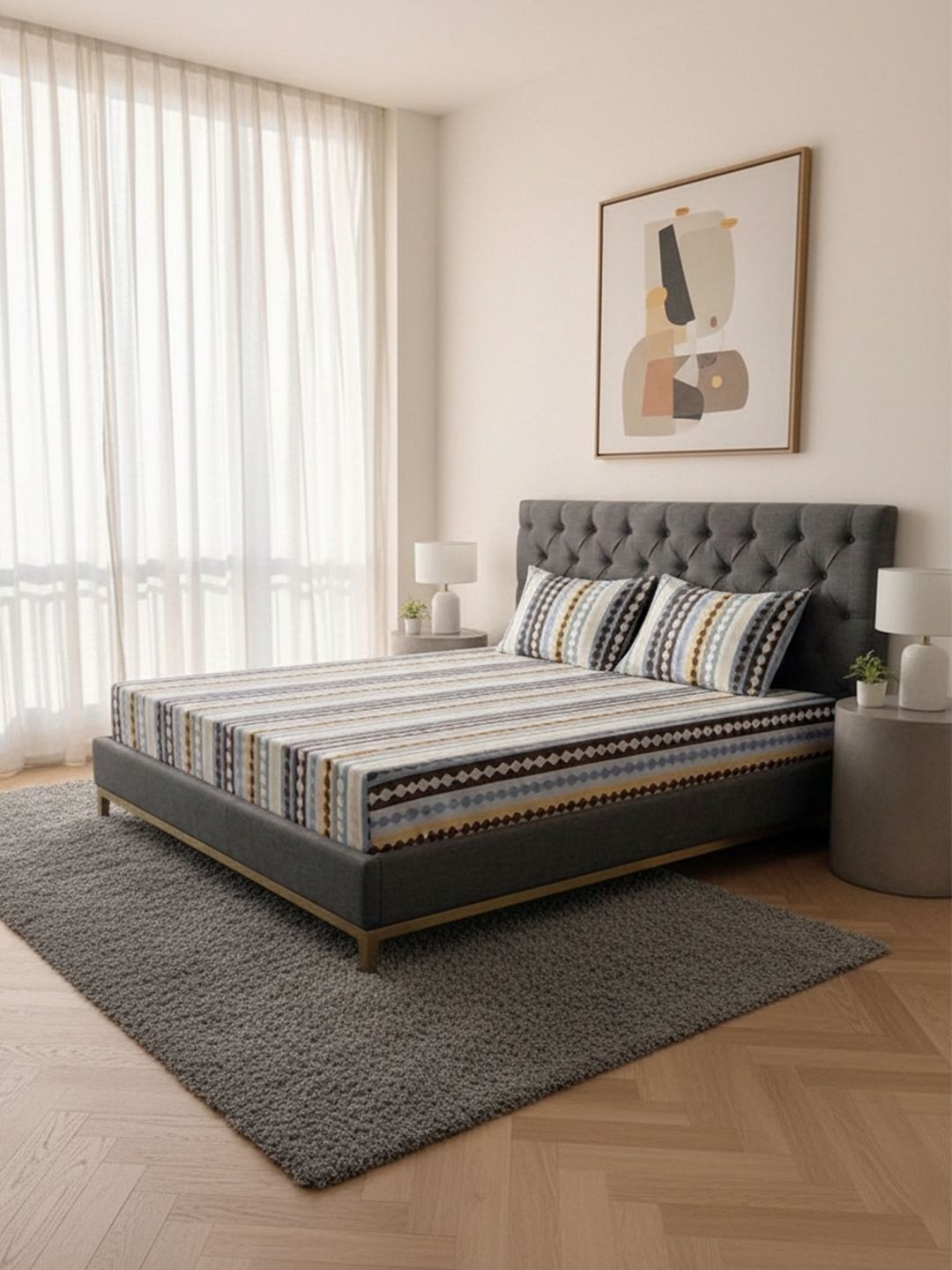 Myntra Elegant Homes Multicoloured & Brown Striped 300 TC King Bedsheet with 2 Pillow Covers