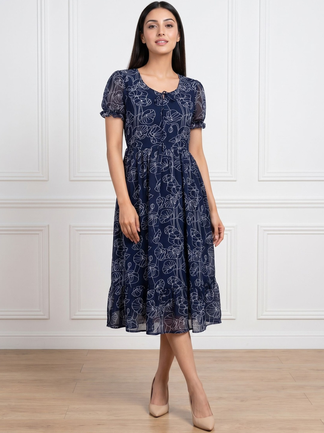 Eyanza couture Women Navy Blue Print Round Neck Puff Sleeve Fit & Flare Midi Dress