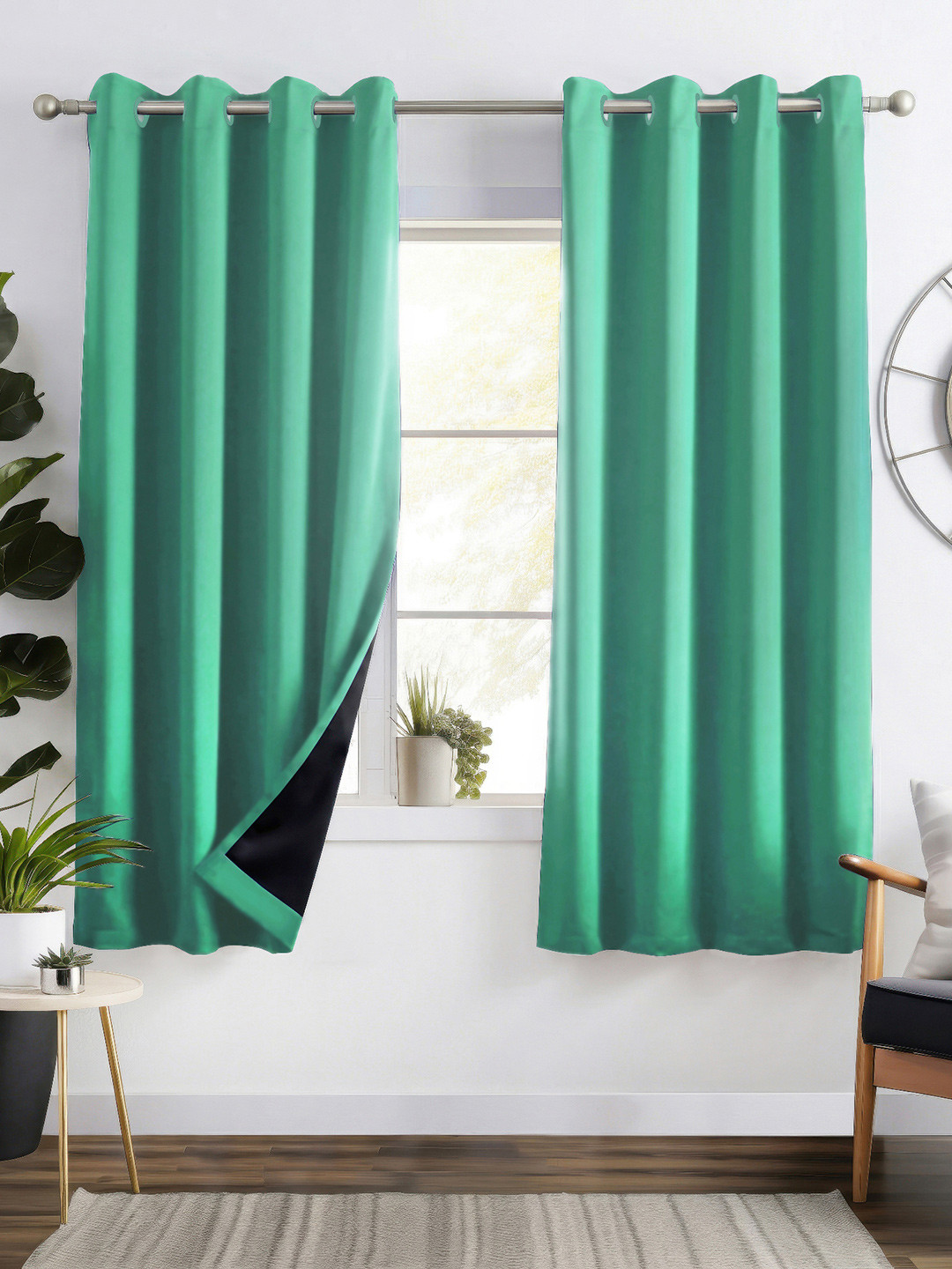 Story@home Green Faux Silk Solid Teal Room Darkening Blackout Window Curtain - Set of 2