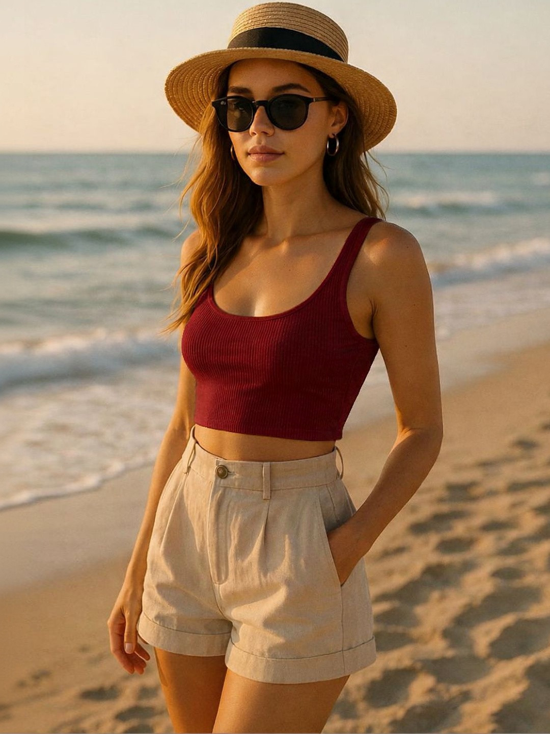 Maroon Ribbed Scoop Neck Sleeveless Crop Top
