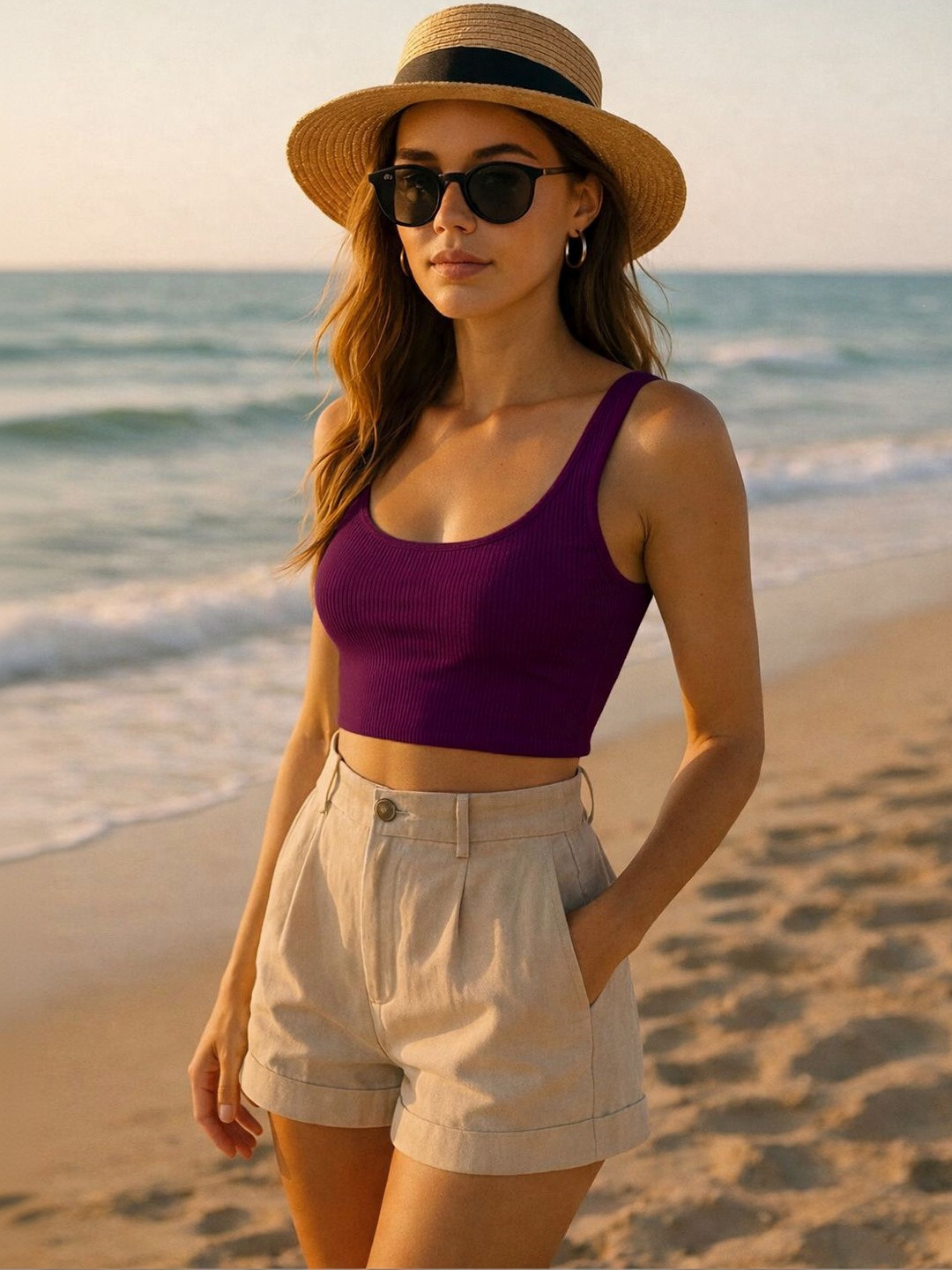 BAESD Solid Ribbed Square Neck Crop Top