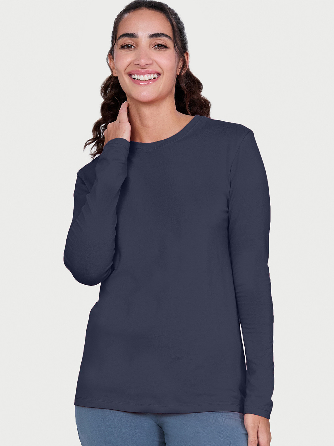 Enamor Women Solid Basic Crew Neck Long Sleeves Stretch Cotton Lounge T-Shirts E057