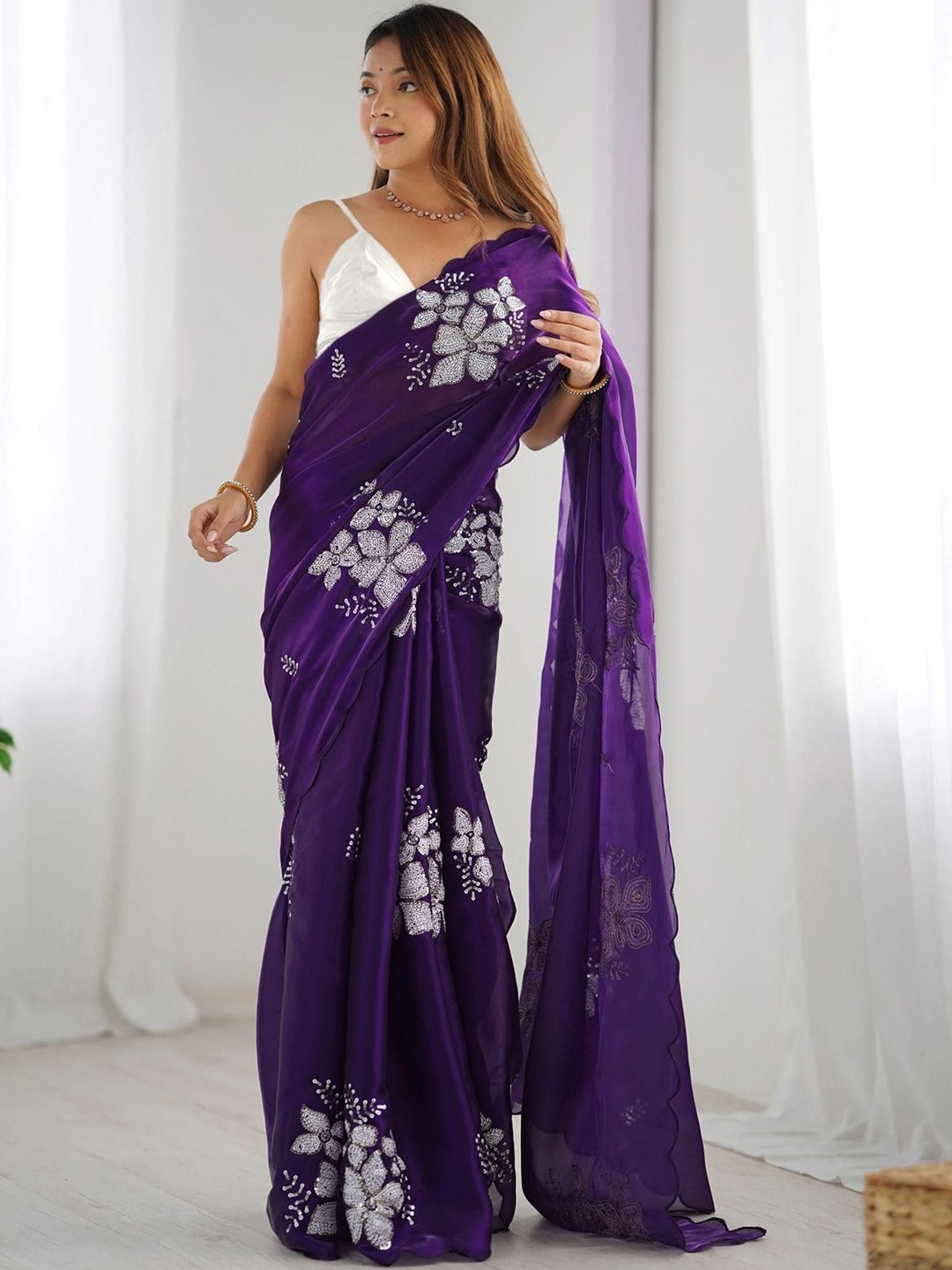 Bootique Floral Sequinned Silk Blend Heavy Work Saree