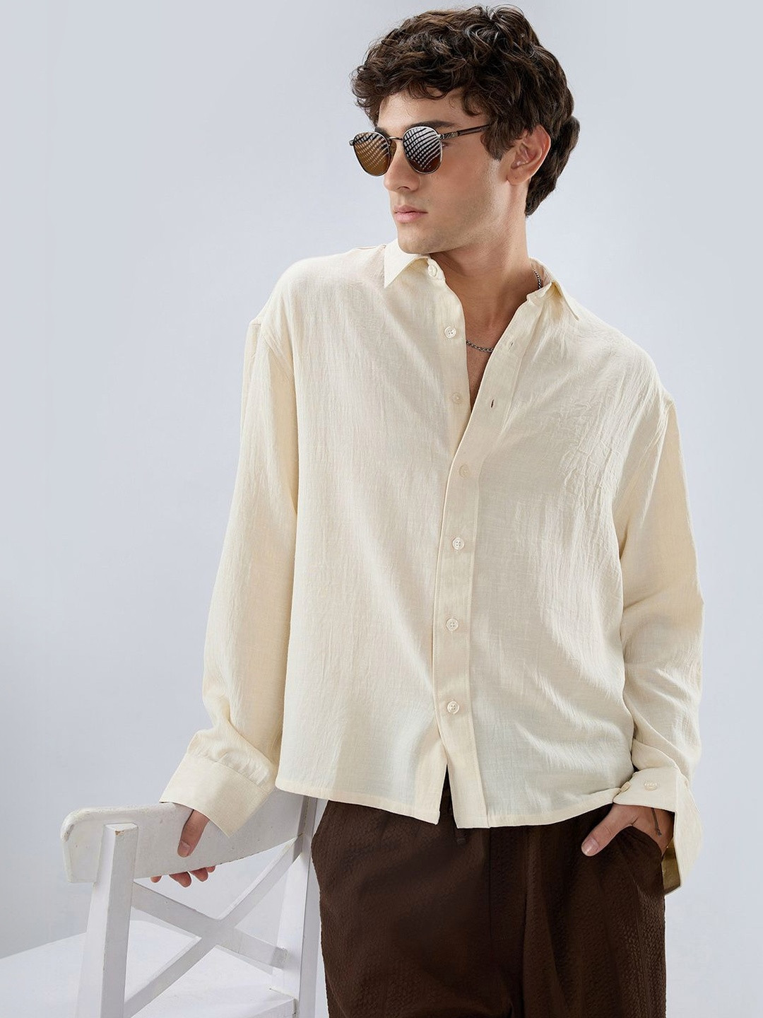 VASTRADO Cream Breeze Minimal Textured Boxy Fit Crop Shirt