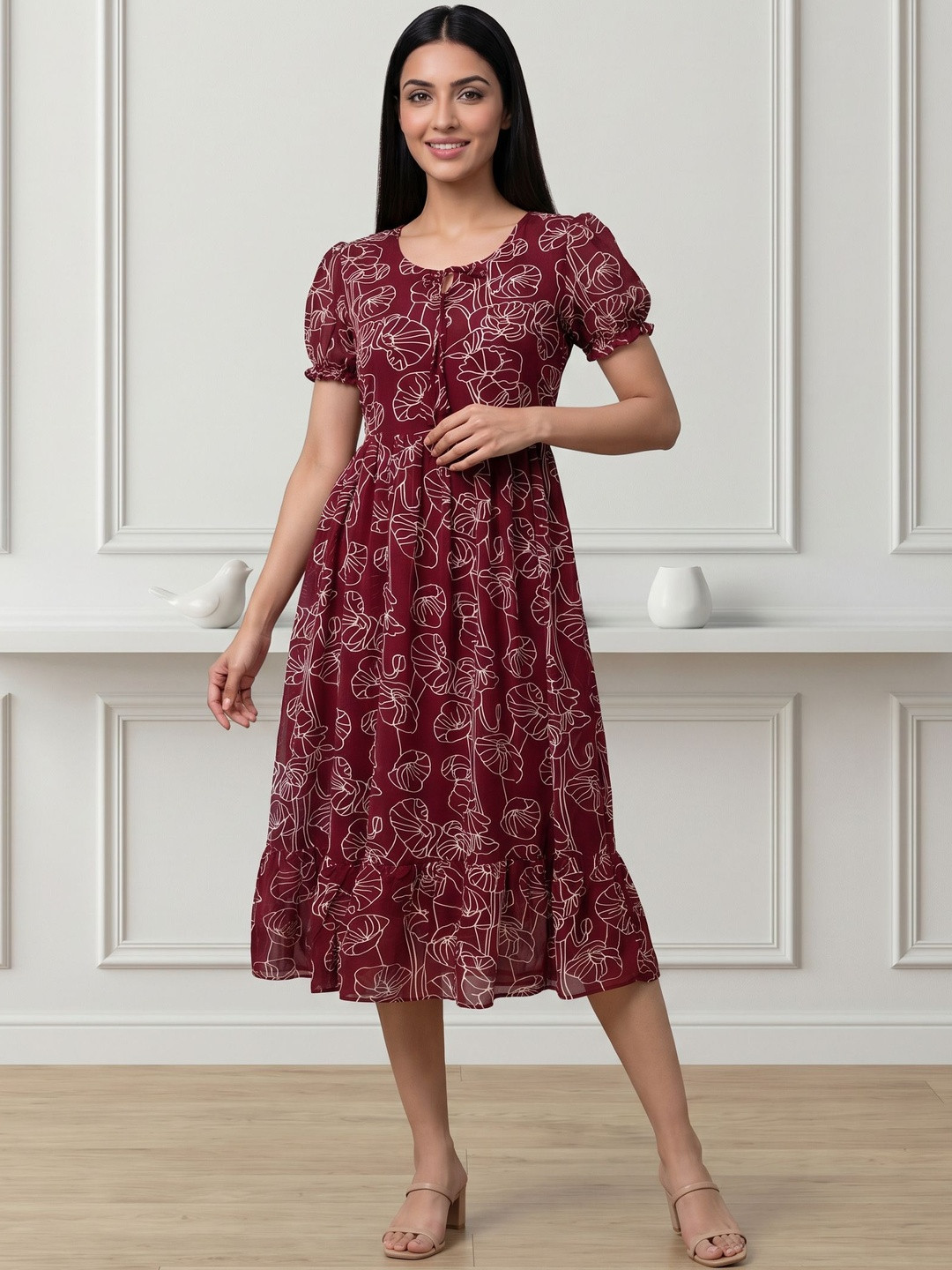 Eyanza couture Floral Print Puff Sleeve Georgette A-Line Midi Dress