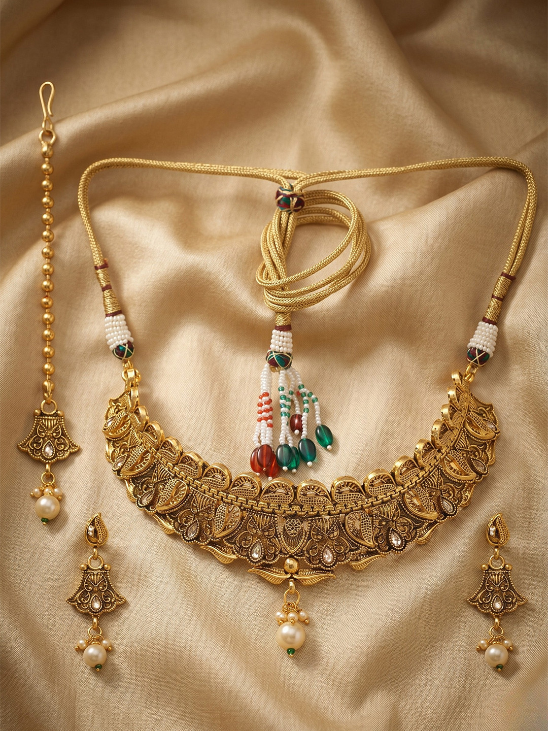 Adwitiya Collection 24CT Gold-Plated & White Stone-Studded Jewellery Set With Maang Tika