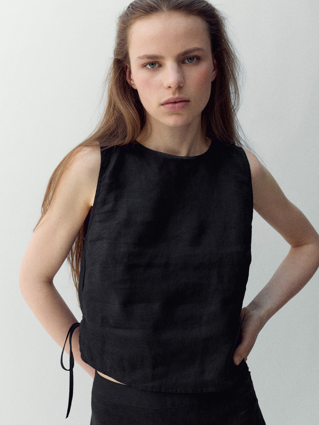 MANGO Pure Linen Tie-Up Detail Sleeveless Top