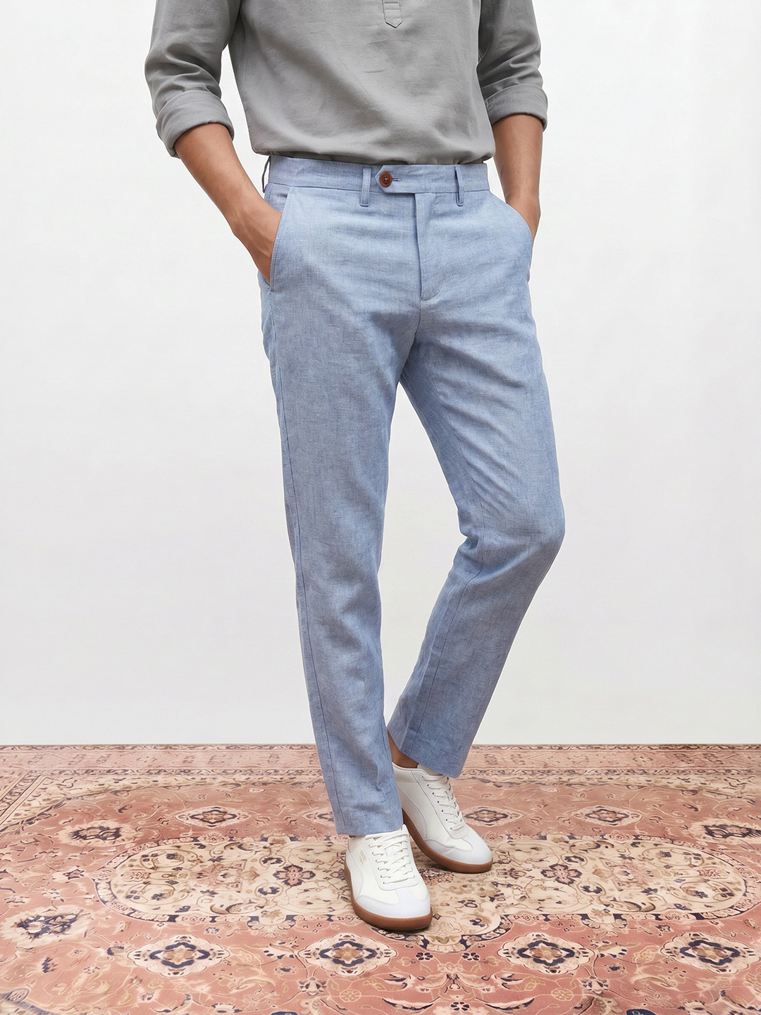 Mr Bowerbird Men Tailored Fit Cotton Linen Chinos Trousers