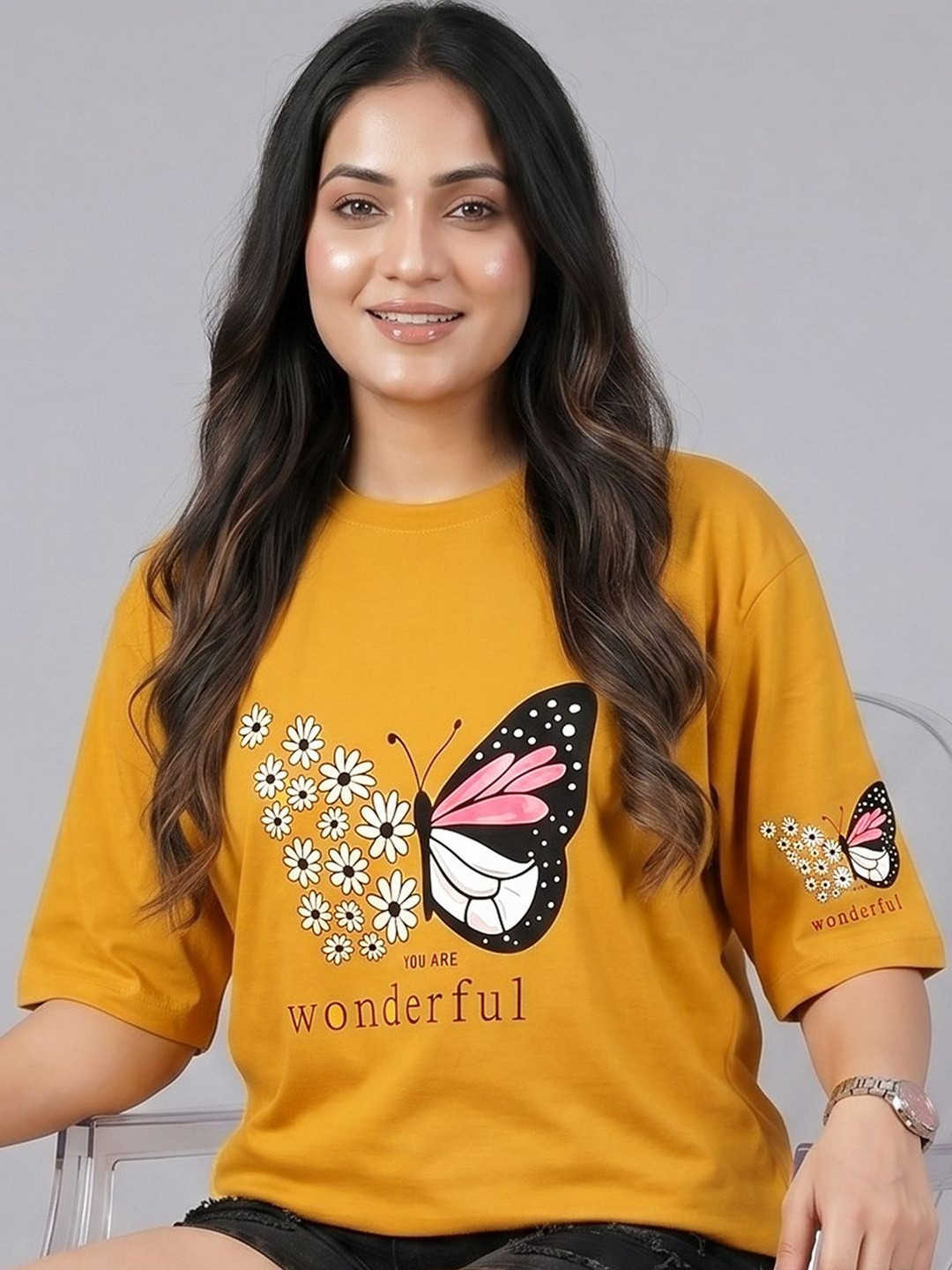 ADDYVERO Women Printed Drop-Shoulder Sleeves T-shirt