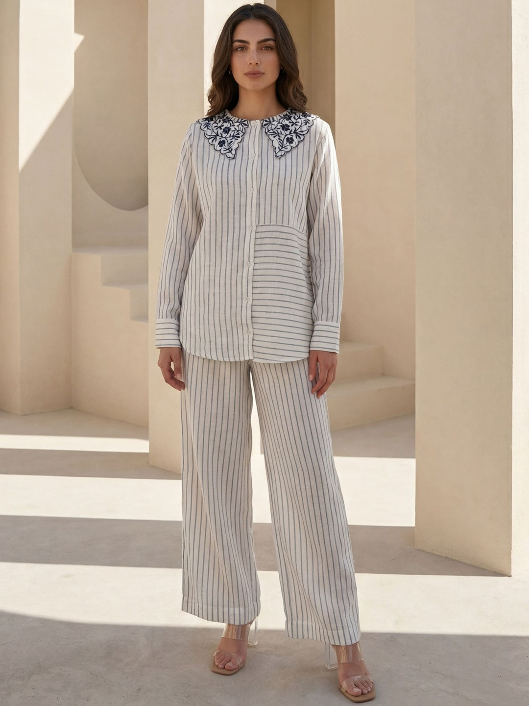 Woomn Women Striped Regular Thread Work Co-Ords