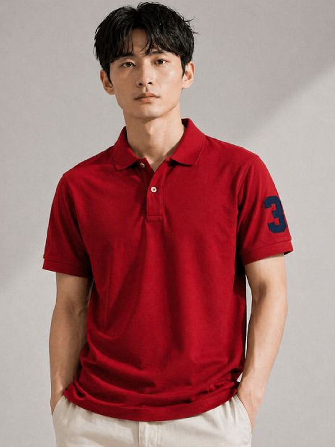 Fashlook Red Polo Collar Solid T-shirt