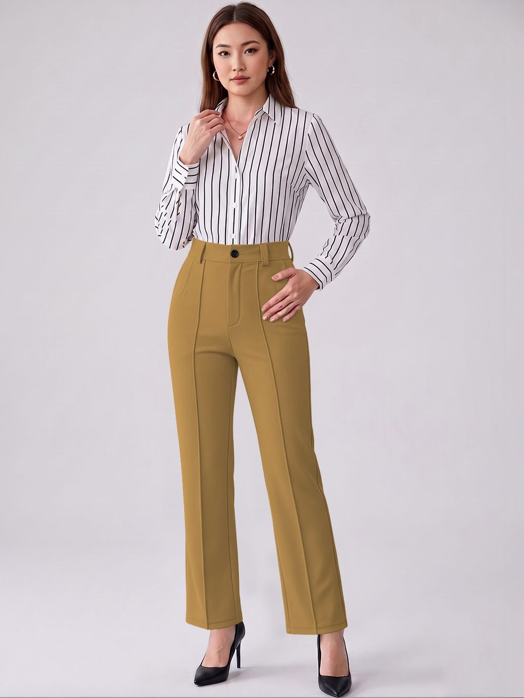 Navyankaa Women Solid Straight Fit High-Rise Trousers