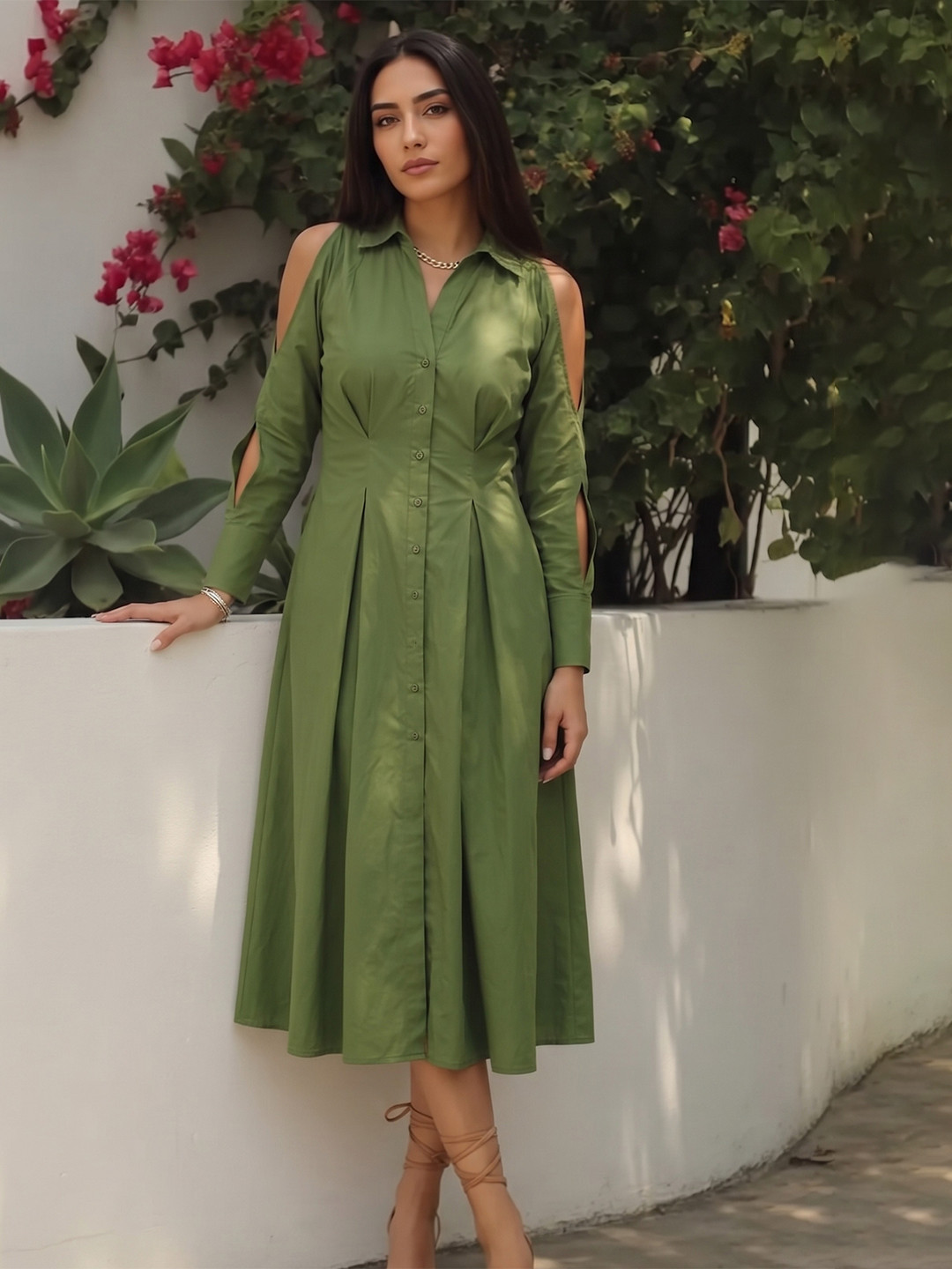 Virgio Women Solid Cotton Cold Shoulder Midi Shirt Dress