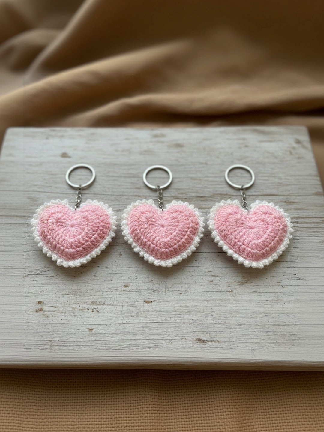 Qrixloom Set Of 3 Crochet Heart Design Keychains