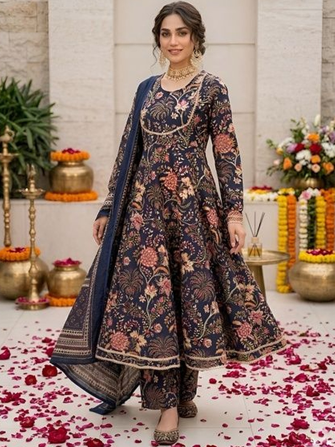 Nayo Women Floral Printed Panelled Pure Cotton Kurta with Trousers & With Dupatta