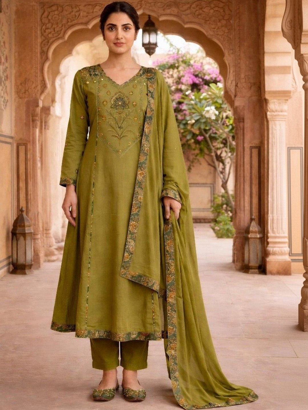 Kalacave Women Ethnic Motifs Embroidered Regular Thread Work Pure Cotton Kurta with Trousers & With Dupatta