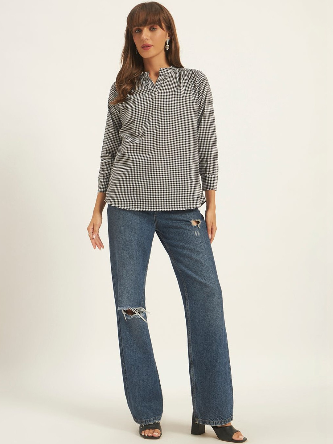 ROSEMELON Checked Mandarin Collar Cotton Top