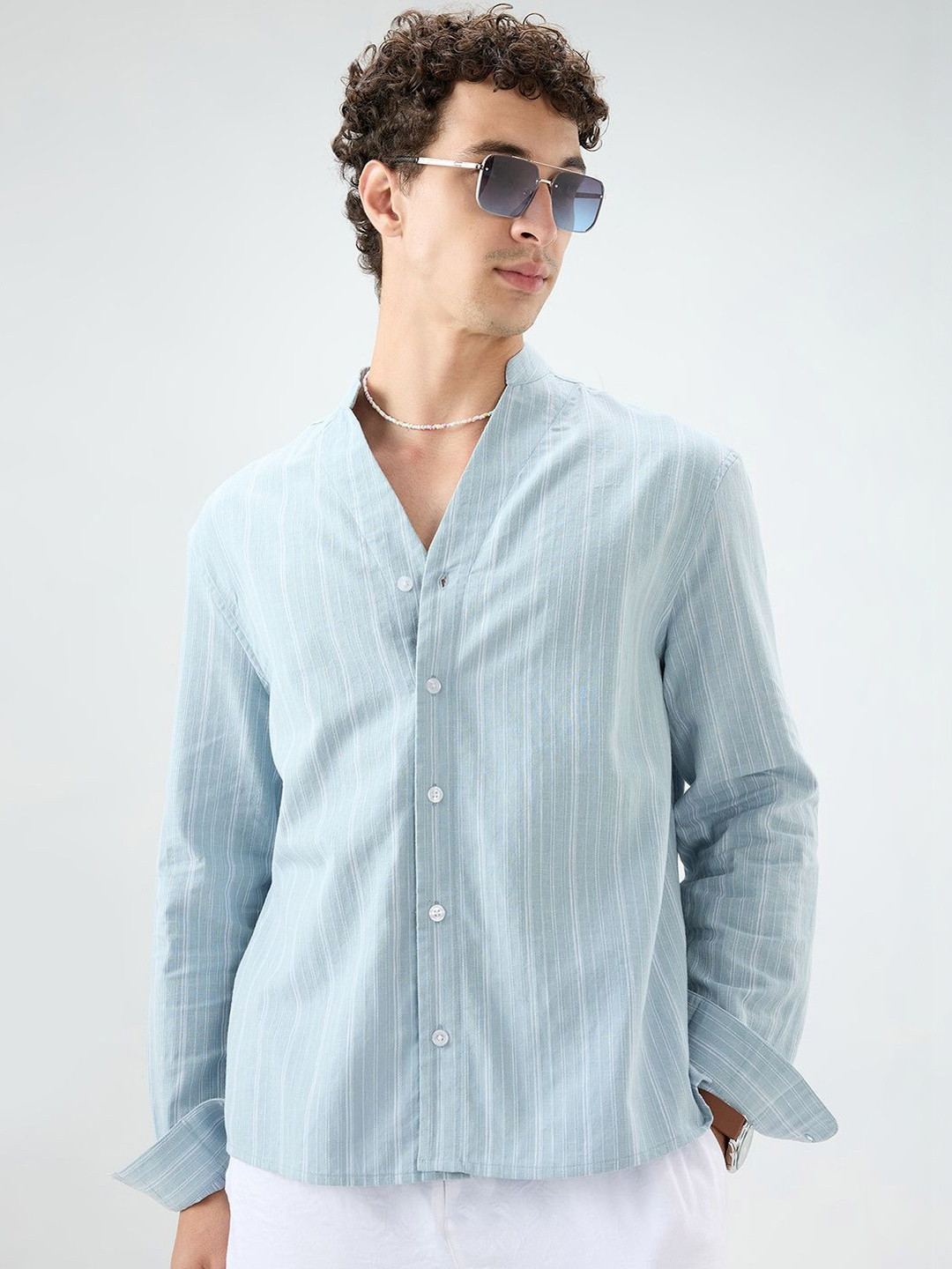 VASTRADO Arctic Blue Striped Linen Blend Stand Collar Oversized Shirt