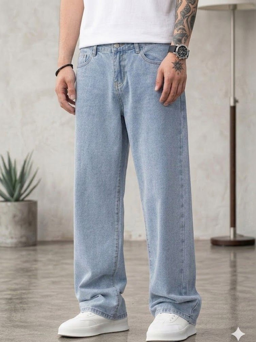 Niffar Fashion Men Wide Leg Mid-Rise Light Fade Applique Jeans