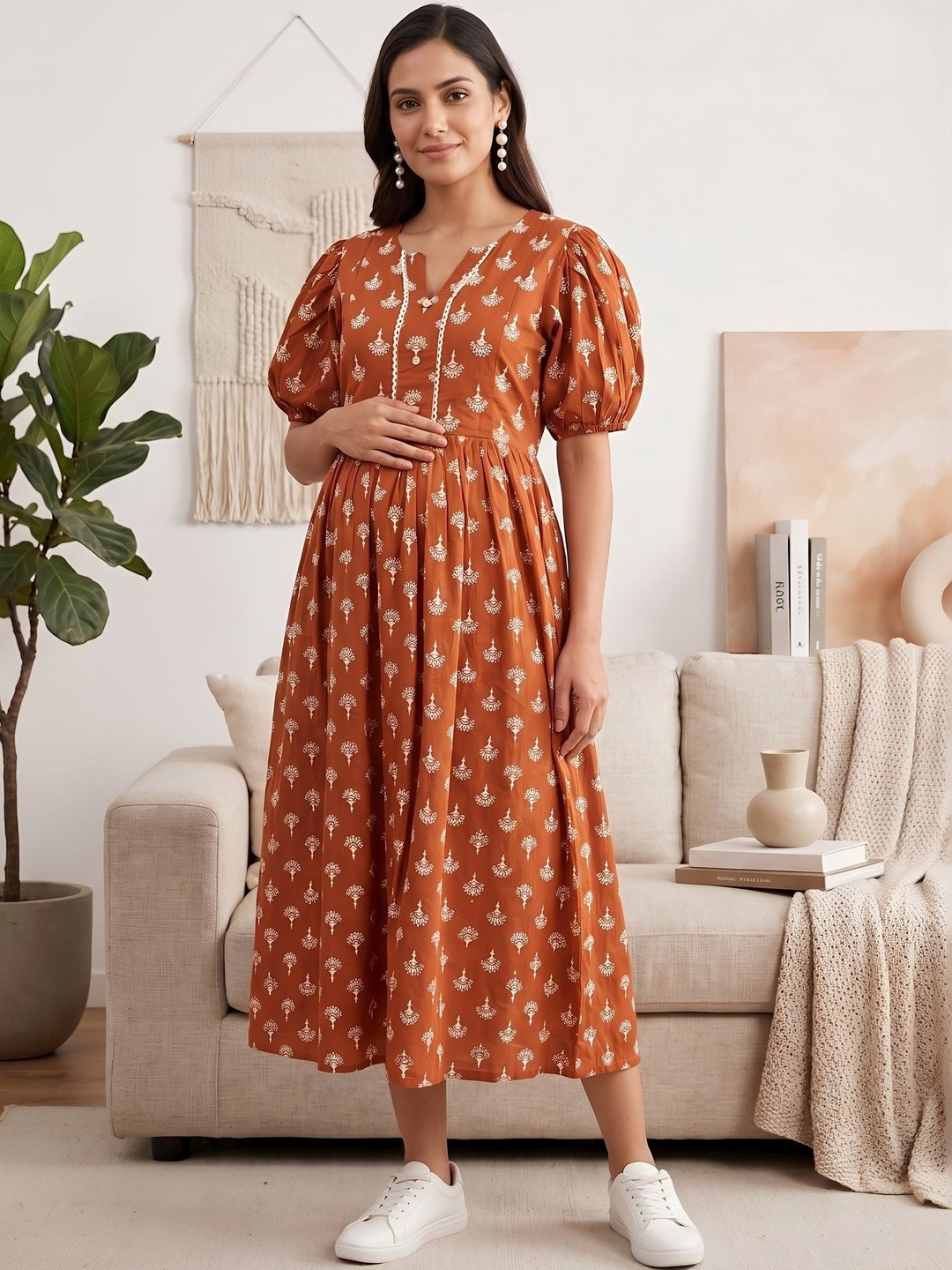 Nayo Ethnic Motifs Print Puff Sleeve Maternity A-Line Midi Dress