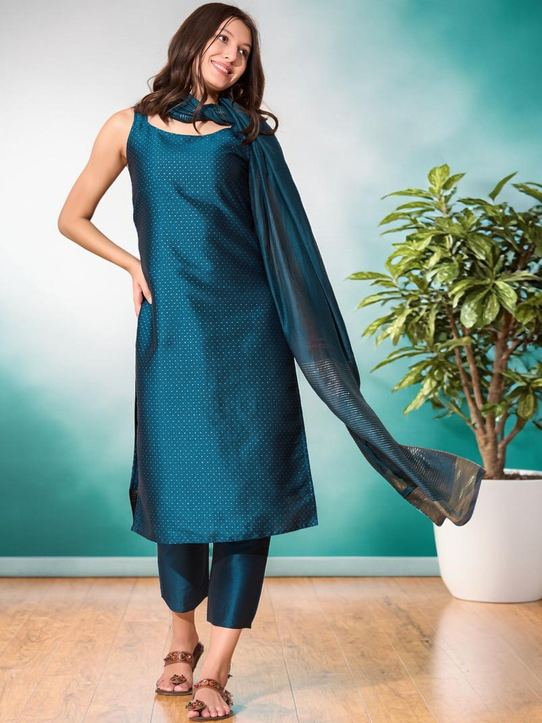 Sangria Woven Design Round Neck Kurta & Trousers With Dupatta